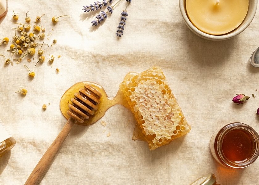 Honig, Waben, Bienenwachskerze und Kräuter